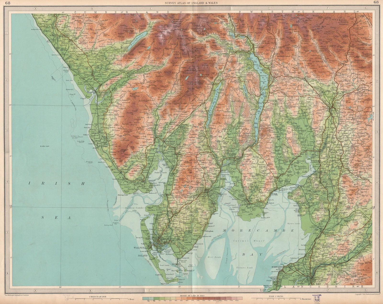 LAKE DISTRICT. Barrow Windermere Ambleside Kendal Morecambe Bay. LARGE 1939 map